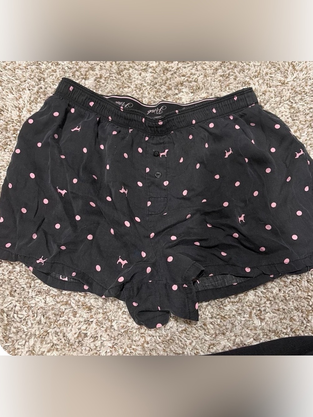 PINK Victoria's Secret Black Boxy Sleep Shorts with Pink Dot & Dog Print